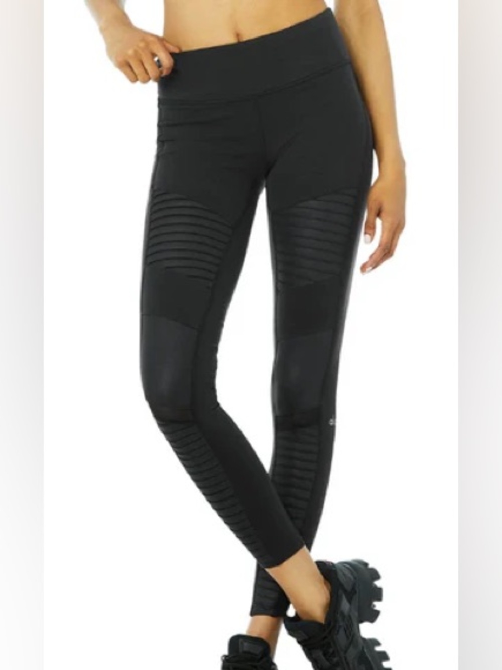 Alo Yoga Women's Small Black Moto Panel Leggings Mid Rise Athletic Casual Gym